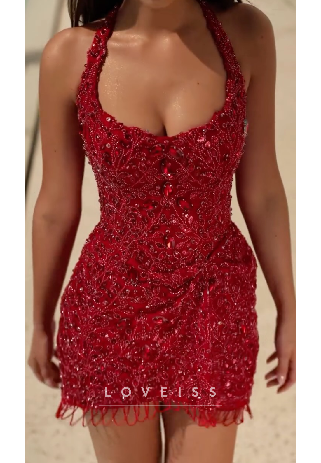 Rhinestone Beaded Halter Mini Dress with Fringe Hem