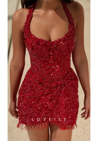 Rhinestone Beaded Halter Mini Dress with Fringe Hem