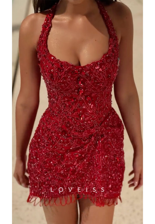 Rhinestone Beaded Halter Mini Dress with Fringe Hem