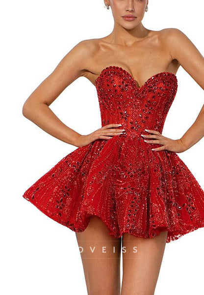 Strapless Beaded Corset Mini Dress with Flared Skirt