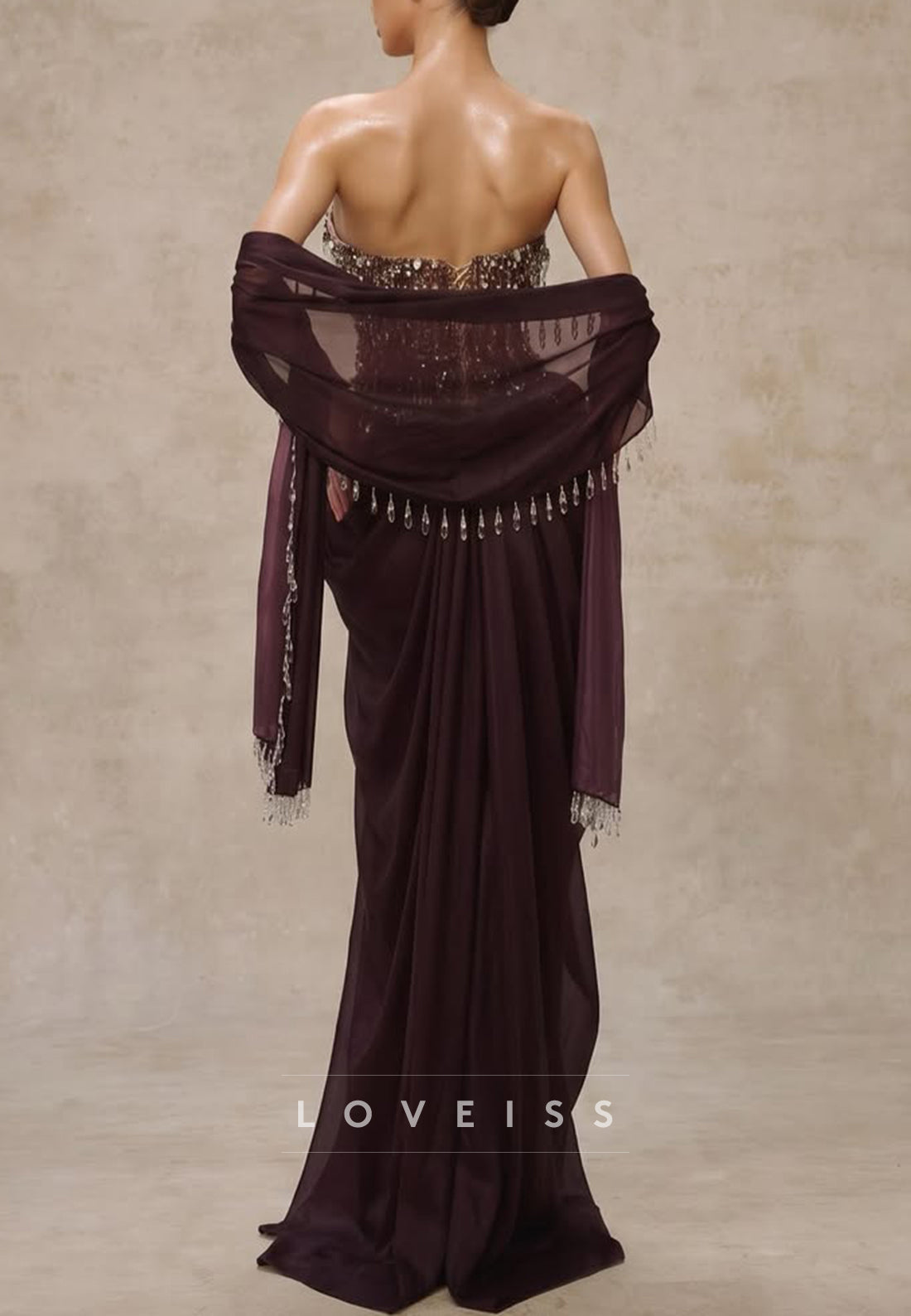 Strapless Beaded Corset Drape Gown