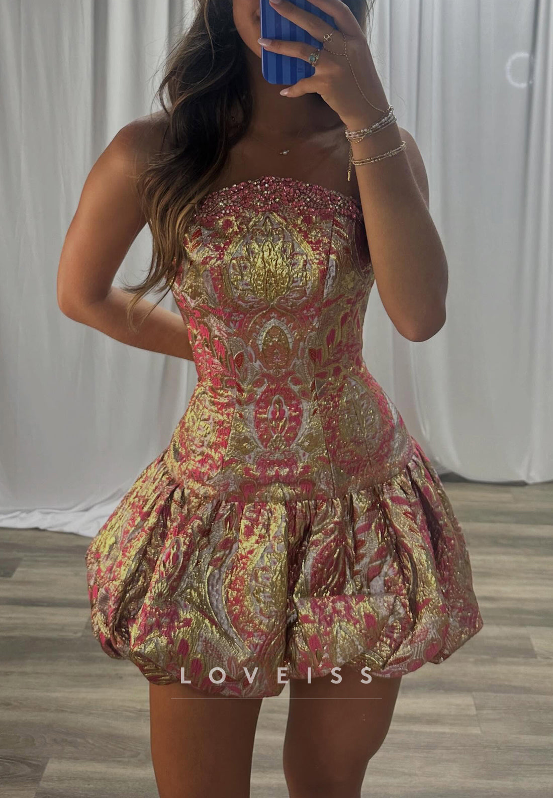 Strapless Jacquard Bubble Skirt Mini Dress
