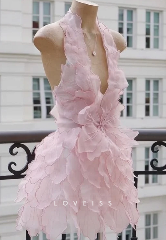 3D Floral Halter Neck Mini Cocktail Dress