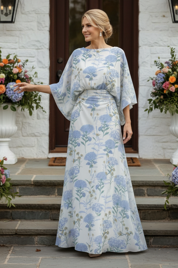 Floral Kimono Sleeve Maxi Dress with Ruched Waist