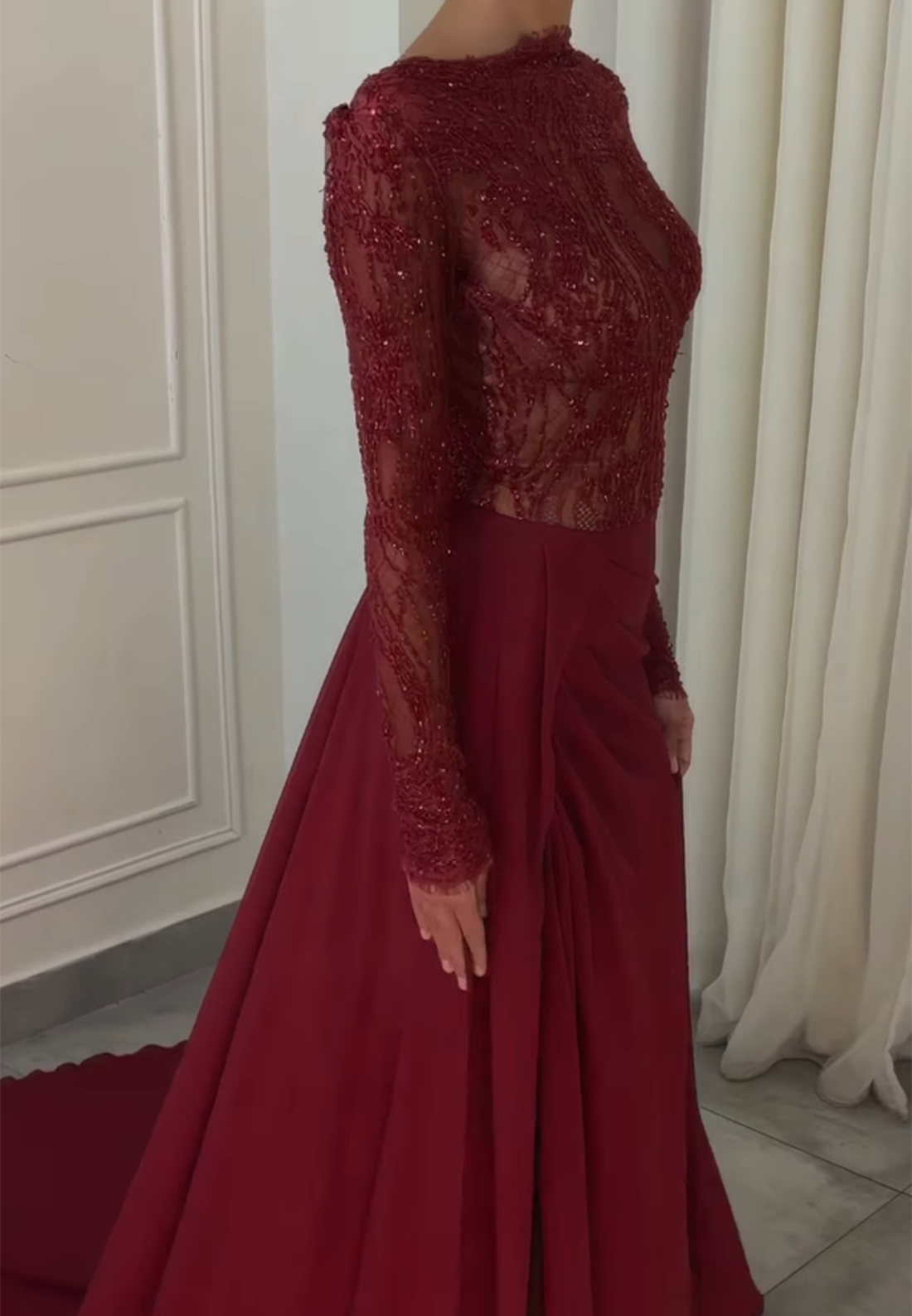 Beaded Illusion Long Sleeve Evening Gown with Slit