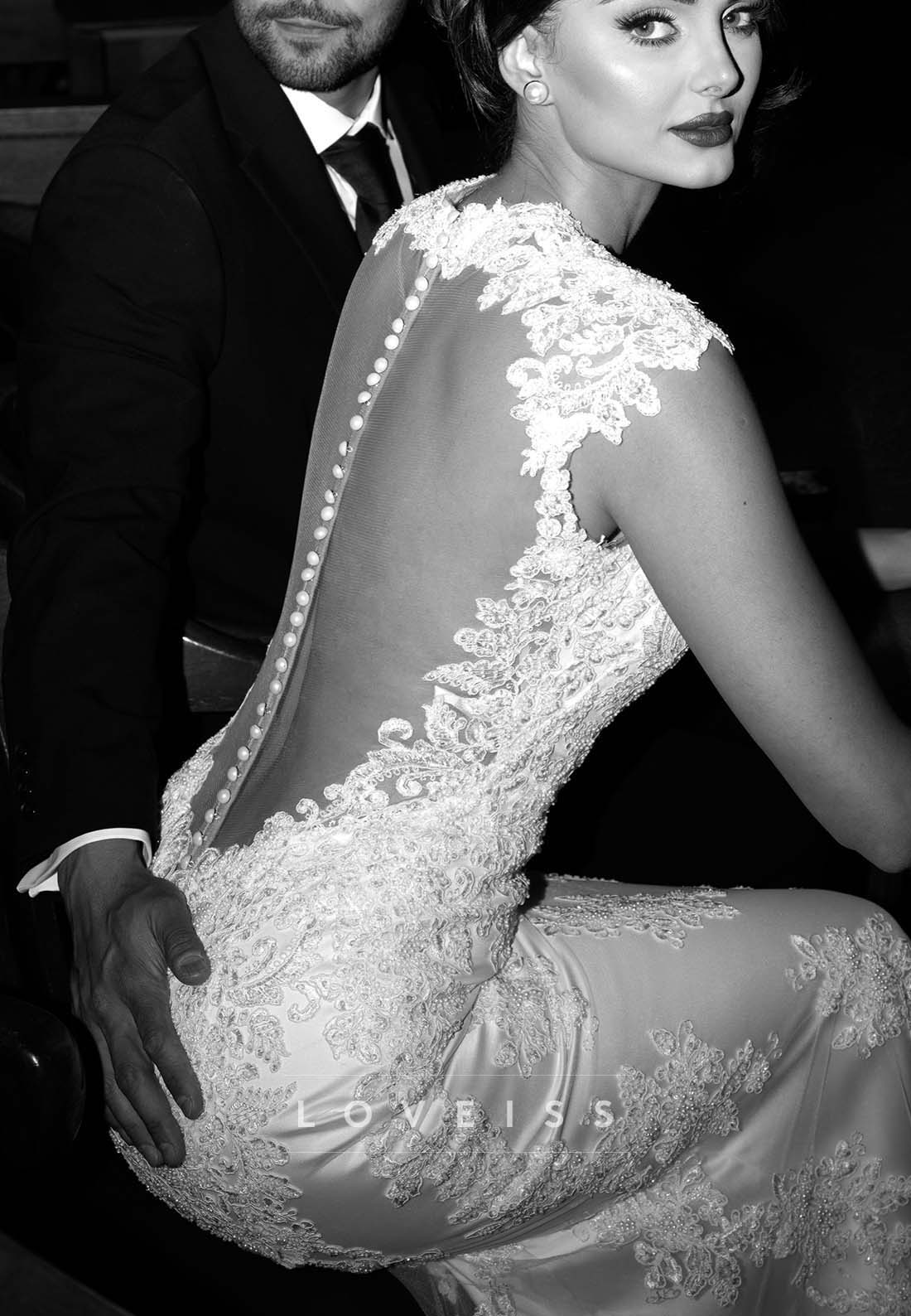 Lace Applique Mermaid Wedding Dress with Sheer Back