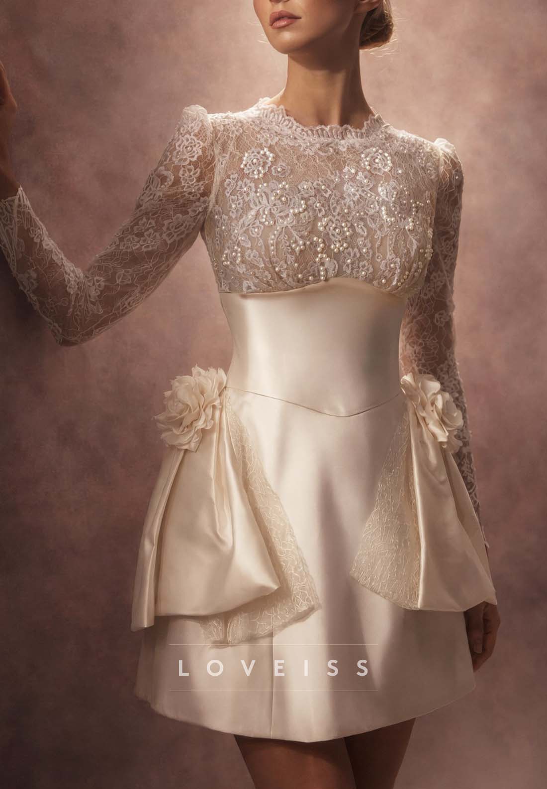 Lace Mini Dress with Pearl Accents & Hip Drapes