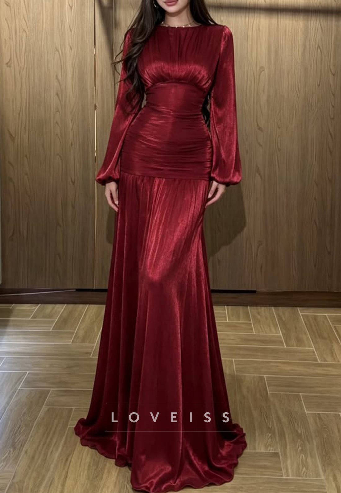 Ruched Long Sleeve Satin Gown with Flared Skirt