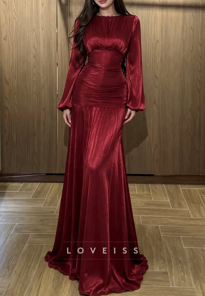 Ruched Long Sleeve Satin Gown with Flared Skirt