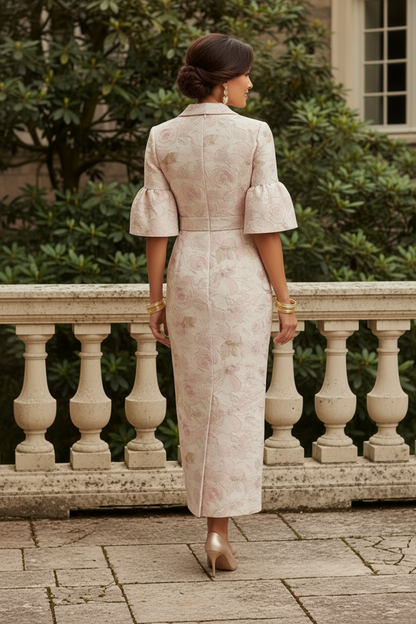 Floral Jacquard Column Dress with Bell Sleeves