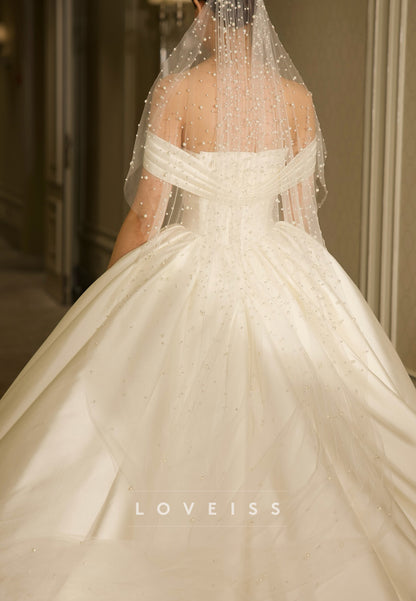Off-Shoulder Beaded Satin Ball Gown Wedding Dress