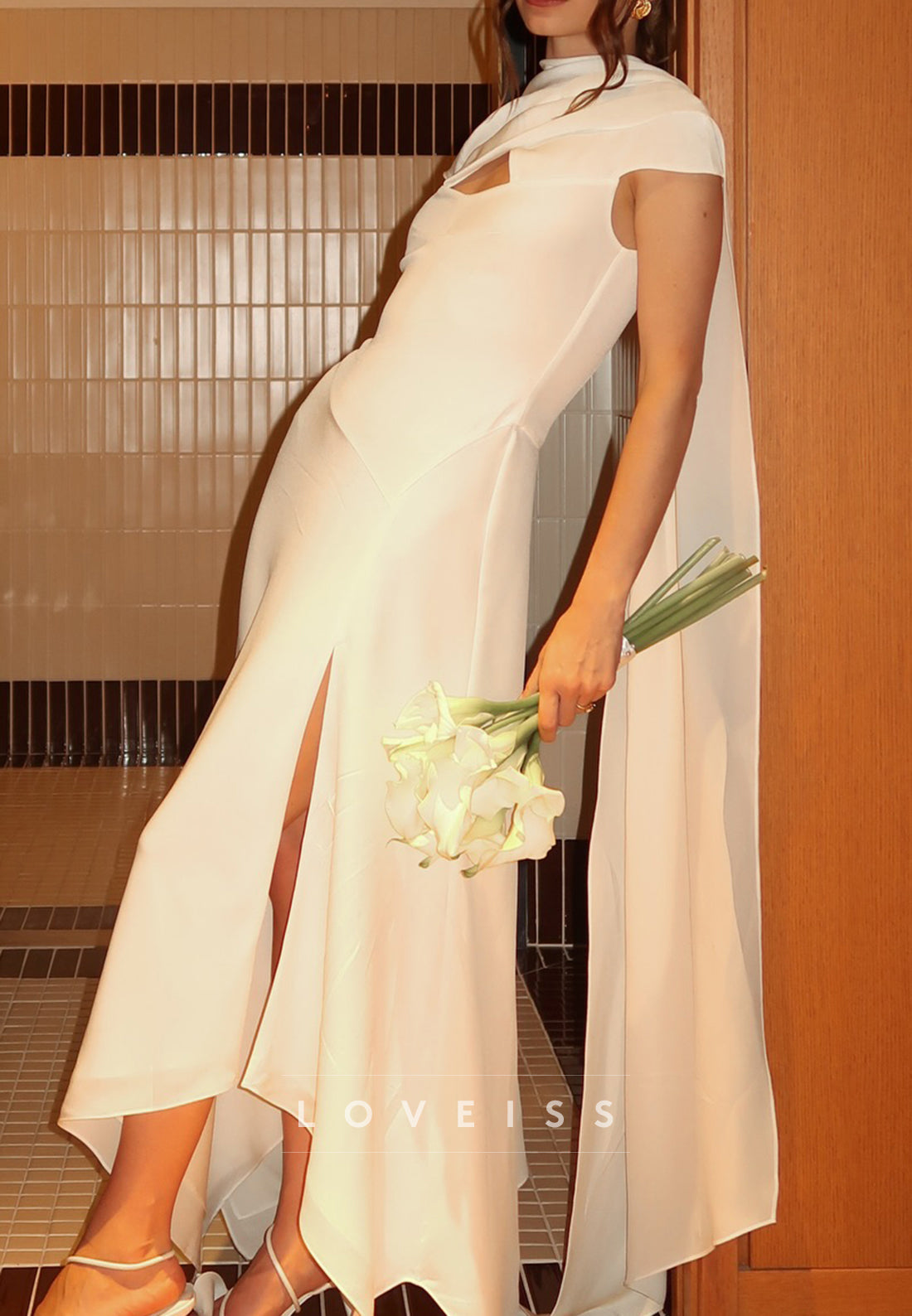 High Neck Cape Sheath Wedding Dress