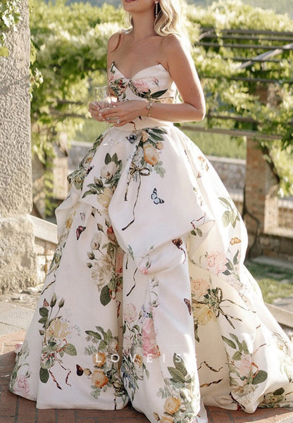 Floral Strapless Ball Gown with Peplum Drape