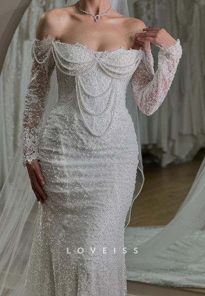 Lace Mermaid Wedding Dress with Pearl Draping