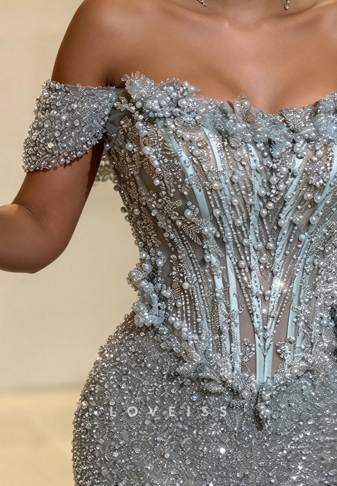 Corset Mermaid Evening Gown with Beaded Pearls