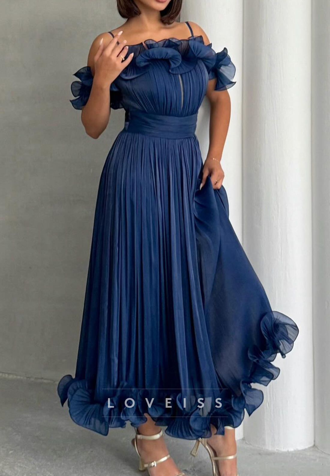Off-the-Shoulder Pleated Ruffle Midi Dress