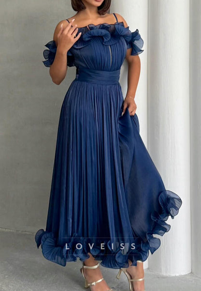 Off-the-Shoulder Pleated Ruffle Midi Dress