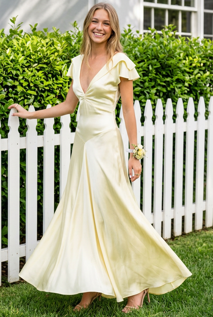 Deep V-Neck Backless Satin Gown with Flutter Sleeves