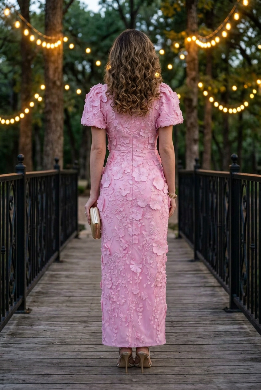 3D Floral Applique Column Dress with Flutter Sleeves