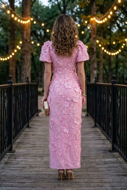 3D Floral Applique Column Dress with Flutter Sleeves