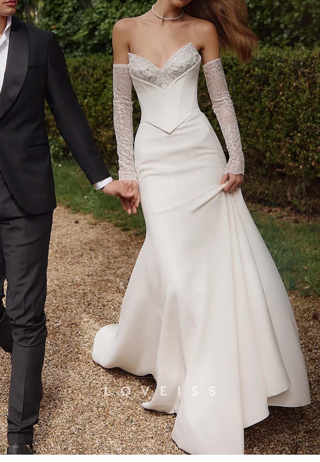 Corset Basque Waist Wedding Dress with Lace Sleeves