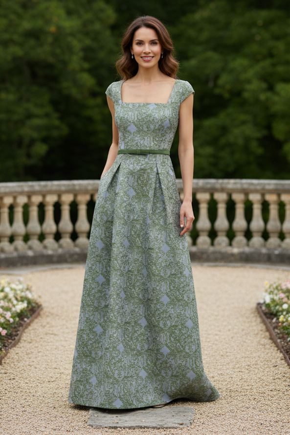 Square Neck Jacquard A-Line Gown with Bow Belt
