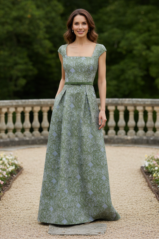 Square Neck Jacquard A-Line Gown with Bow Belt