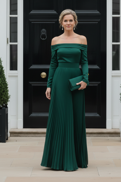 Off-the-Shoulder Long Sleeve Pleated Gown