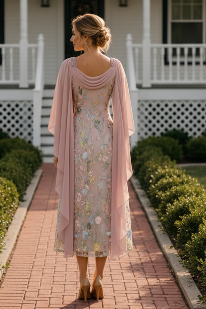 Floral Embroidered Chiffon Cape Sleeve Midi Dress