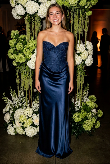 Strapless Beaded Corset Gown with Draped Satin Skirt