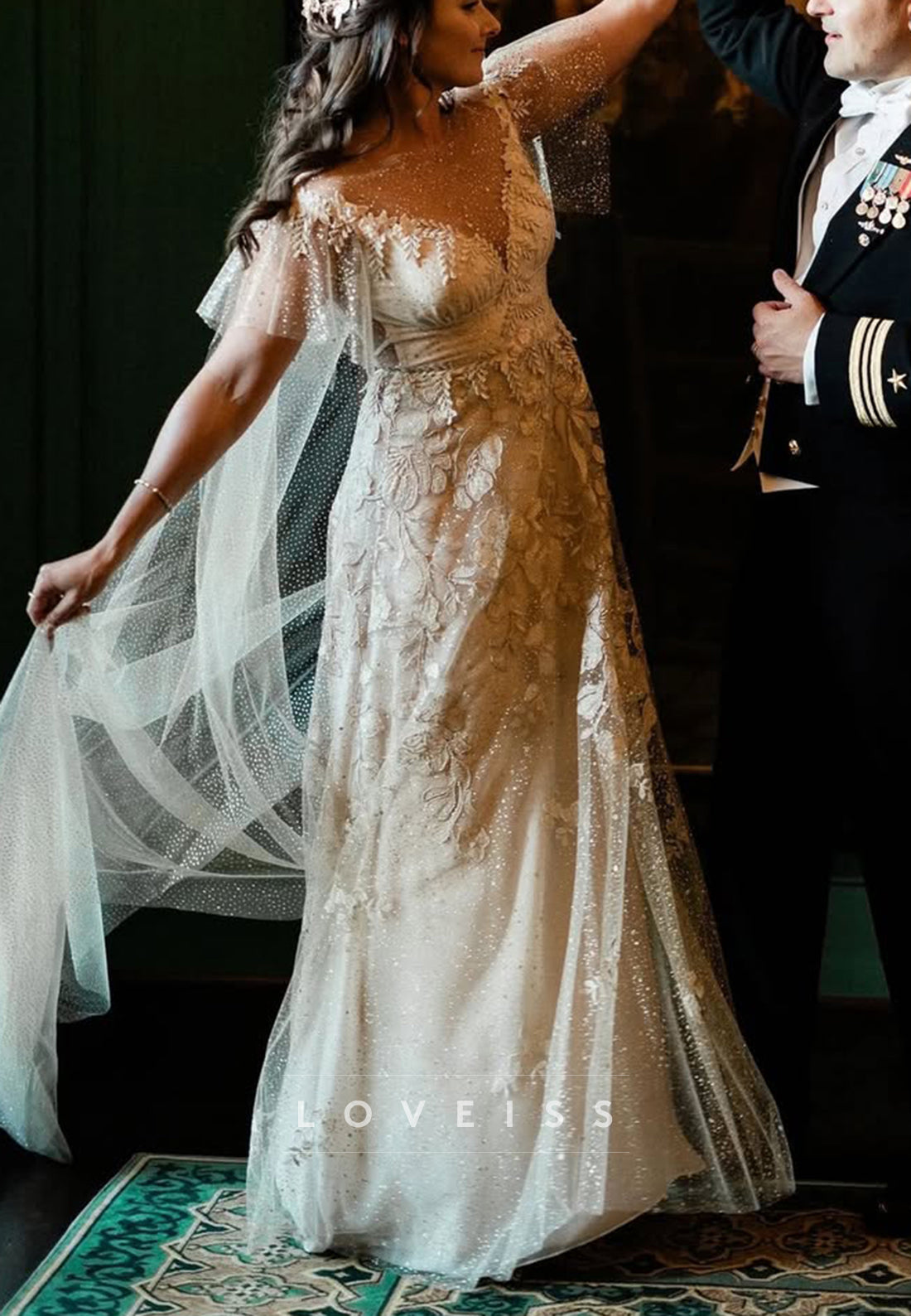 A-Line Lace & Glitter Tulle Bridal Gown with Cape