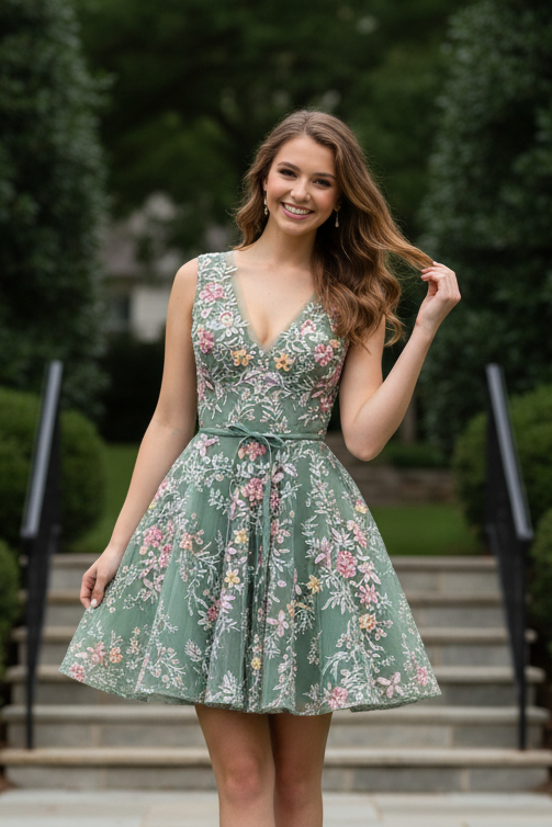 Embroidered Floral A-Line Cocktail Dress with Pockets