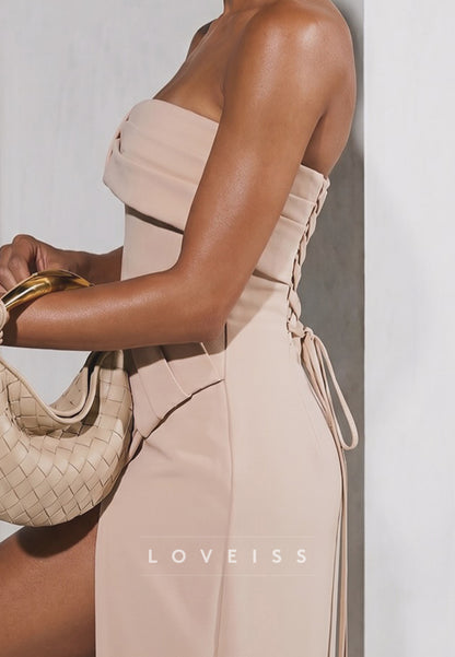 Strapless Pleated Column Gown with Corset Back