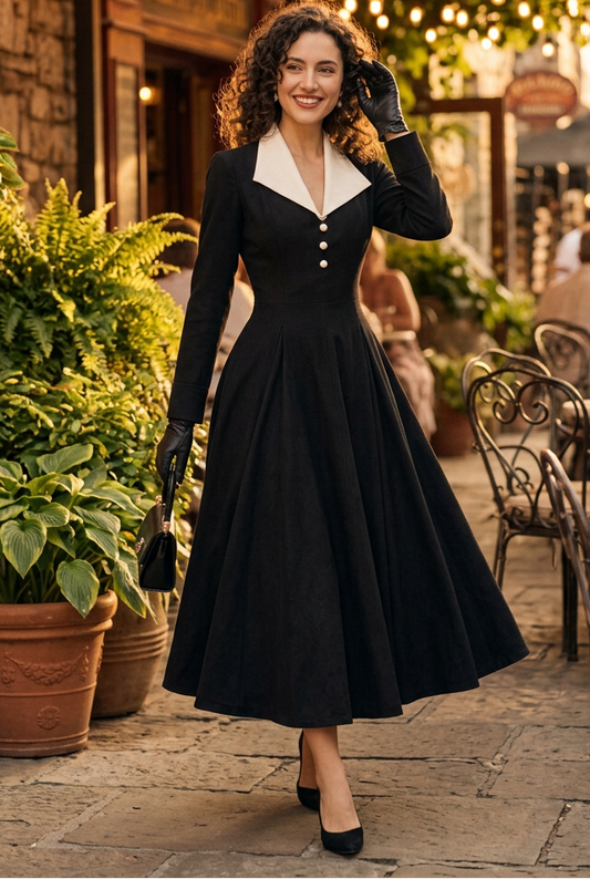 A-Line Midi Dress with Contrast Lapel Collar