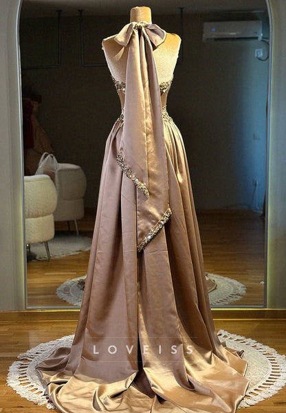 Embellished Halter Satin A-Line Evening Gown