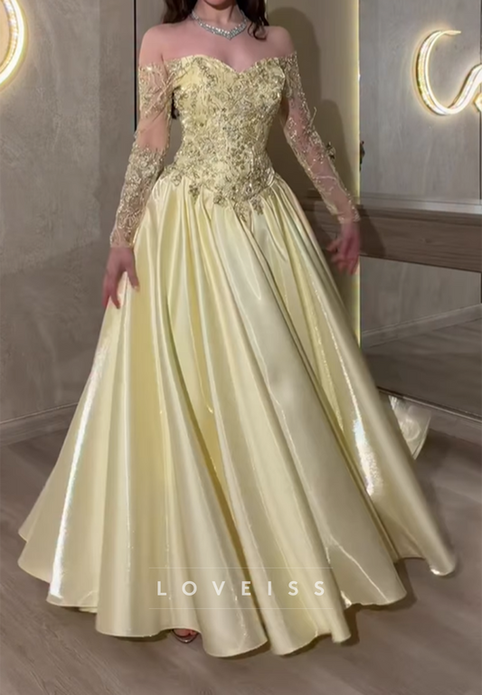 Off Shoulder Satin Ball Gown with Lace Appliques