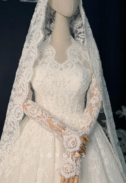 Long Sleeve Lace Ball Gown Wedding Dress with Veil