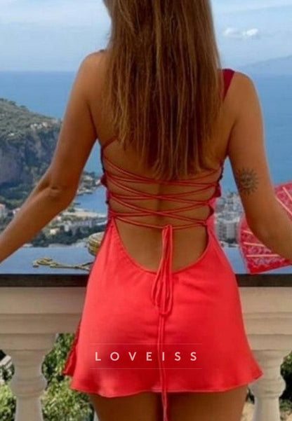 Two-Tone Satin Mini Slip Dress with Lace-Up Back