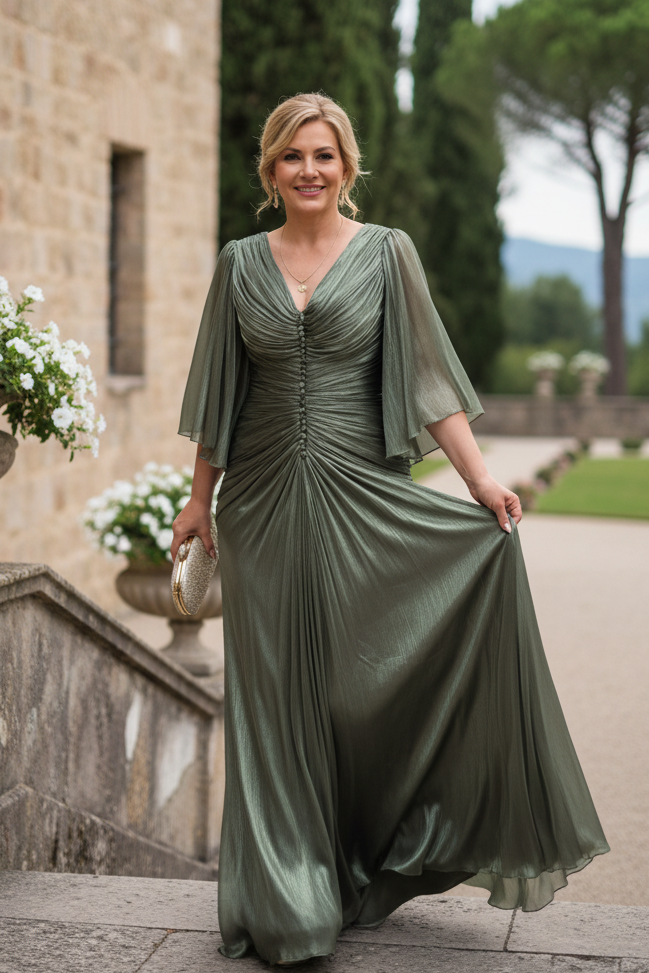 Ruched Button-Front Evening Gown with Flutter Sleeves