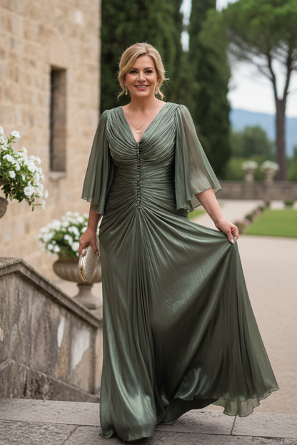 Ruched Button-Front Evening Gown with Flutter Sleeves