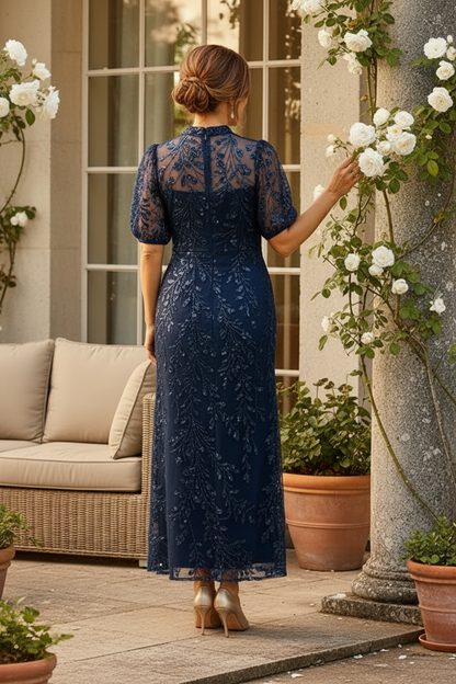 High-Neck Sequin Lace Mermaid Evening Gown