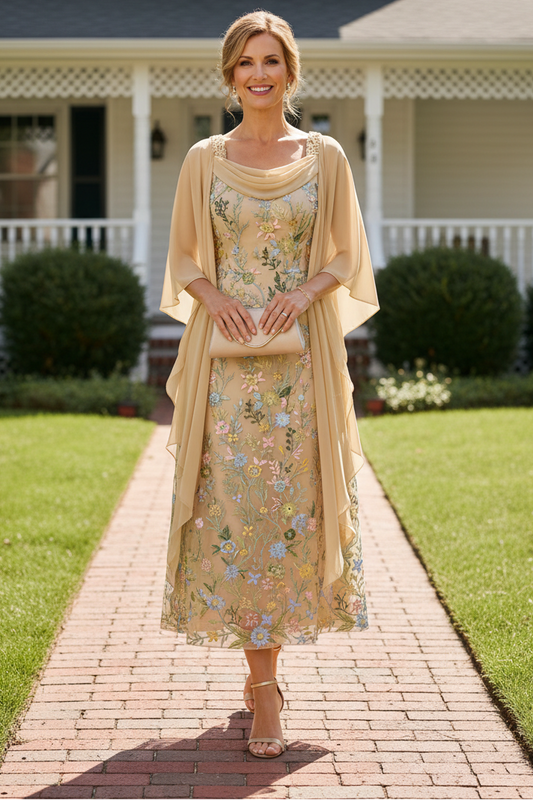 Floral Embroidered Chiffon Cape Sleeve Midi Dress