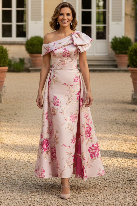 Floral Metallic One-Shoulder Column Dress with Drape
