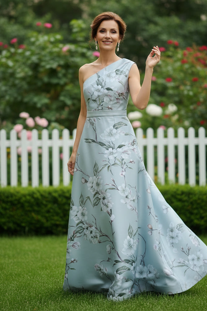 One-Shoulder Floral Print A-Line Evening Gown