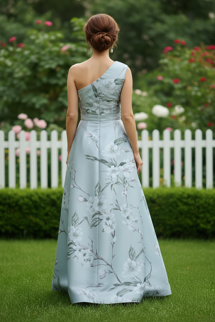 One-Shoulder Floral Print A-Line Evening Gown