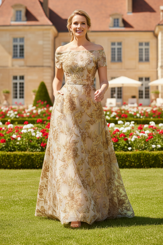 Off-the-Shoulder Floral Jacquard A-Line Gown