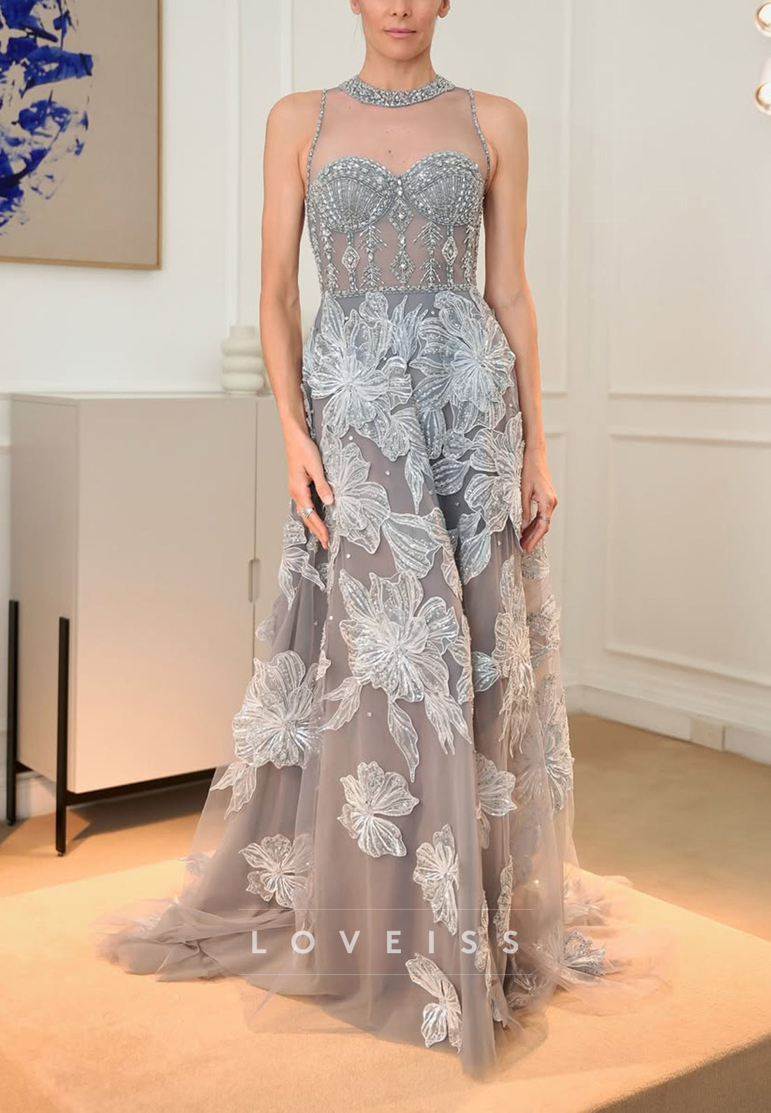 Illusion Neckline Floral Sequin A-Line Evening Gown