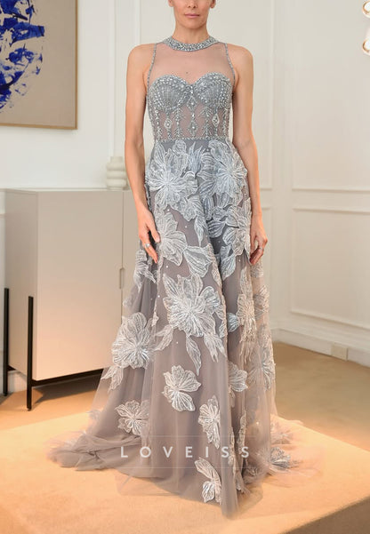 Illusion Neckline Floral Sequin A-Line Evening Gown