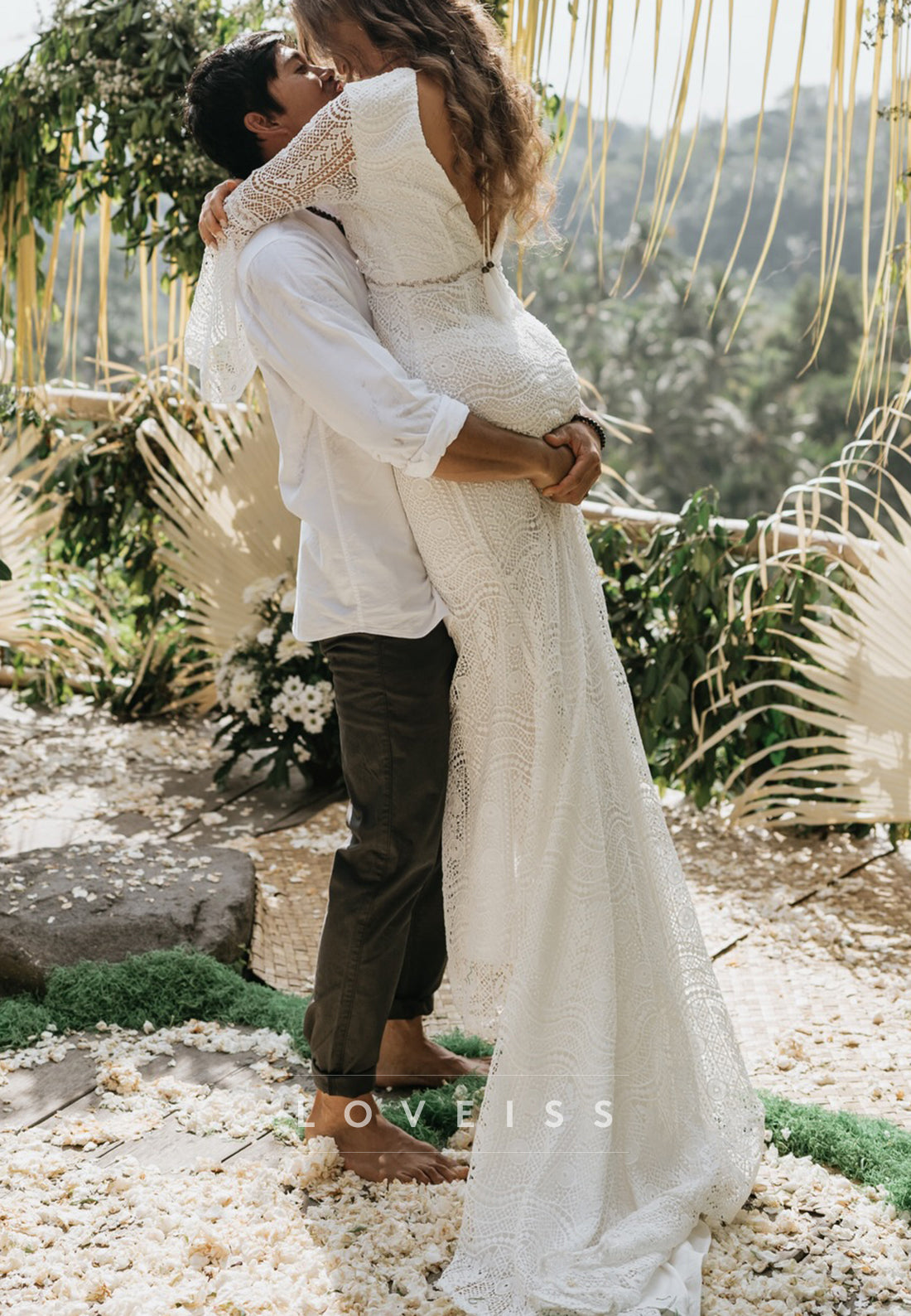 Boho Lace Long Sleeve Mermaid Wedding Dress with Slit