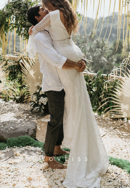 Boho Lace Long Sleeve Mermaid Wedding Dress with Slit